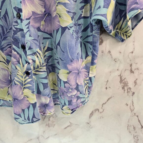 Vintage Shirt Womens Medium 90s Blue Purple Floral Button Up Short Sleeve Camp - Picture 4 of 9